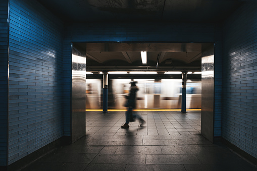 New York City subway train leaving its station - motion image