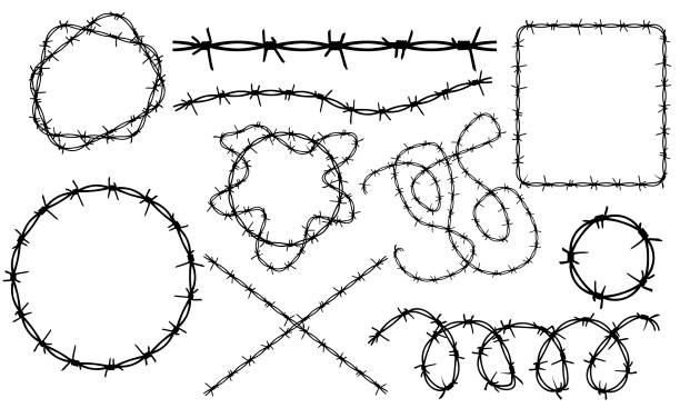 drut kolczasty. szablon pędzla, zestaw elementów projektu, ramki. ilustracja wektorowa - barbed wire wire war prison stock illustrations