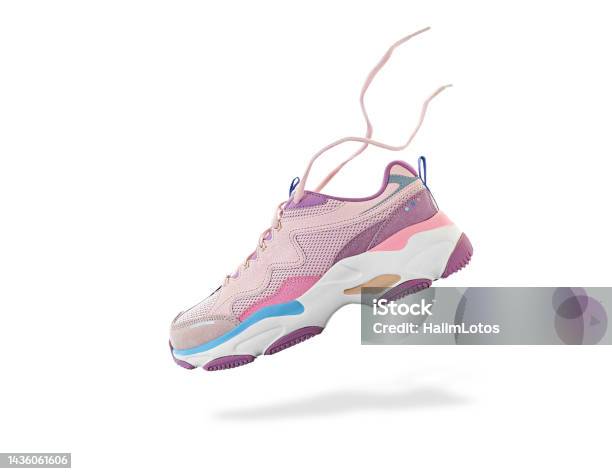 Flying Colorful Womens Sneaker Isolated On White Background Fashionable Stylish Sports Shoe Stock Photo - Download Image Now