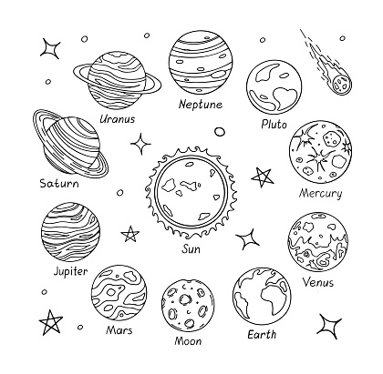 Set of doodle planets isolated on white background. Hand drawn monochrome illustration of solar system. Good for coloring page or children book.