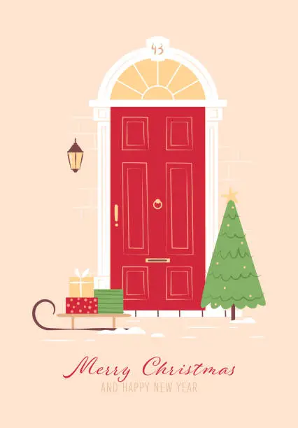 Vector illustration of Winter red front Christmas door with decoration