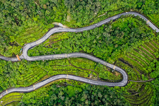 Top down shot of winding mountain road