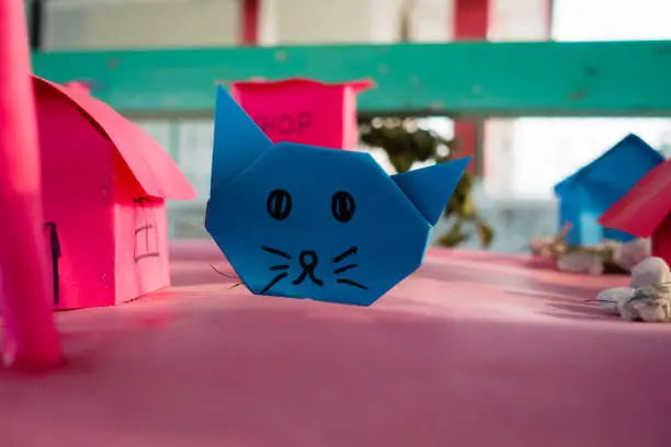 Photo of July 3rd 2021 Uttarakhand India. Small colorful cardboard models of different shapes made by kindergarten kids as a school project.