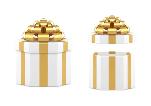 istock Glossy detailed white polygonal wrapped gift box decorated by golden bow ribbon 3d mockup vector 1436066257