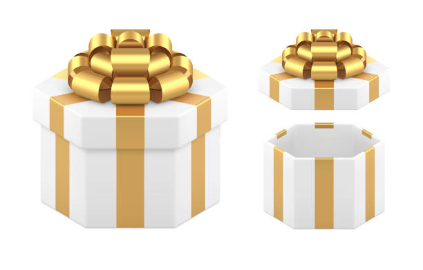 istock Realistic tender wrapped white polygon festive gift box with golden metallic bow ribbon vector 1436066281