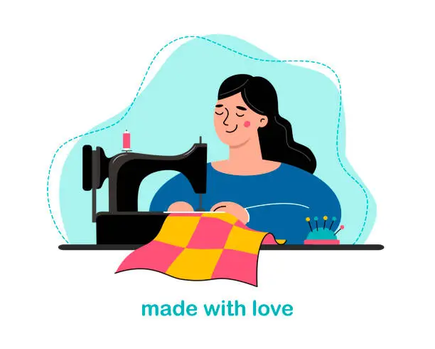 Vector illustration of Happy woman sewing patchwork