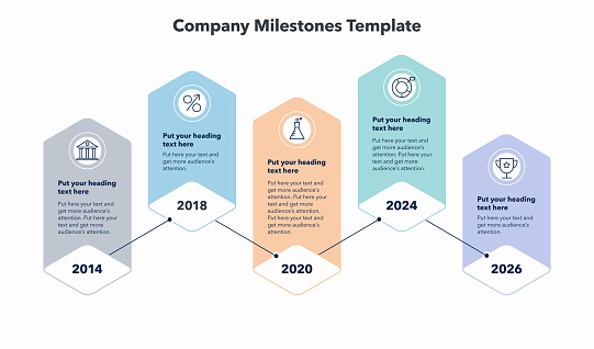 Company milestones with five colorful stages. Flat infographic design with minimalistic icons.