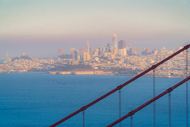 San Francisco, CA, USA - September 2, 2022: Skyline of San Francisco seen through the Golden Gate Bridge
