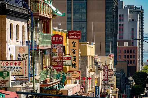 San Francisco, CA, USA - September 3, 2022: Chinese signs in Chinatow