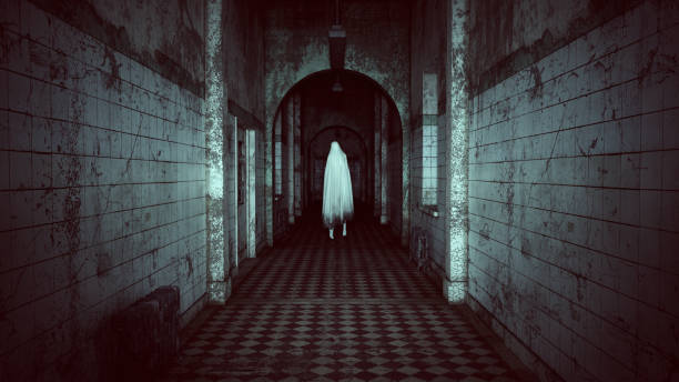 istock Floating Ghost in a Asylum Halloween Dark Film Grain Analogue Aesthetic Gothic Building with Ghost Hunters Camera Flash 1436070641