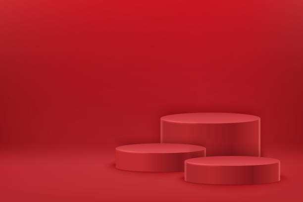 istock Tree empty red round podiums. Award ceremony concept. Abstract scene with cylindrical podiums. Geometry shape platform 1436071629