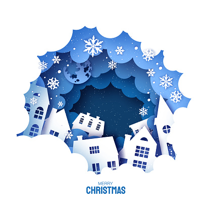 Winter Snowy Christmas tree. Urban Countryside Landscape with Houses. City Village Full Moon. Happy New Year paper art craft style. Snowy frame. Blue. Vector