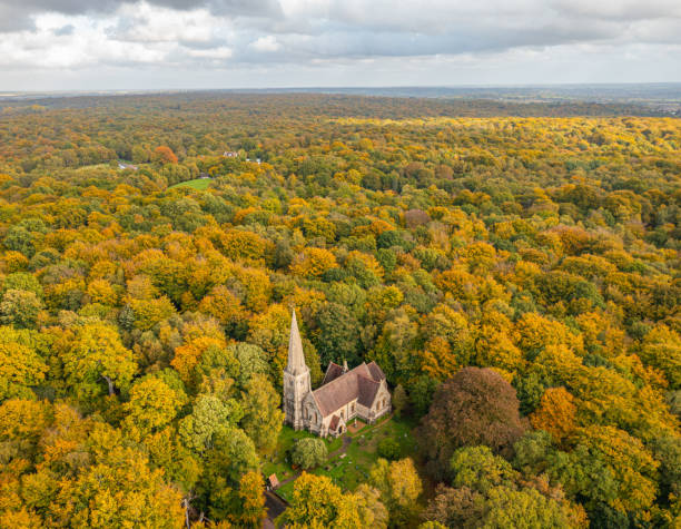 church surrounded by autumn. - forest autumn aerial view leaf imagens e fotografias de stock