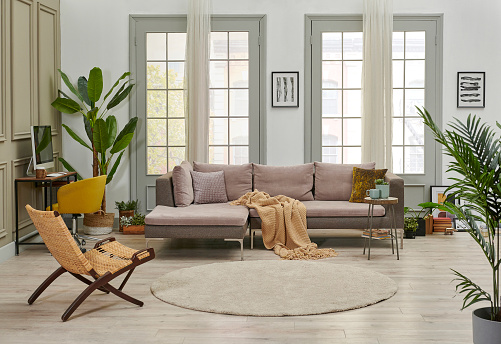 Grey sofa and working table computer style in the living room in front of the window, pillow carpet and curtain style, green interior plant.