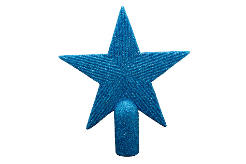 Close up of a blue ornament Christmas star  against a white background.