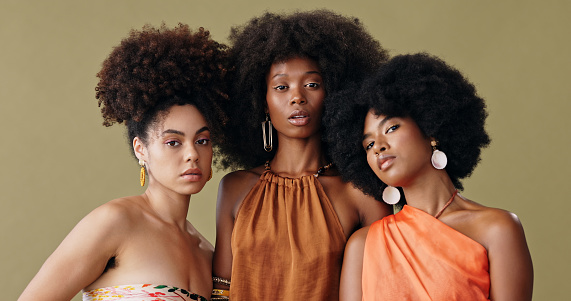 Mujer negra, grupo y cabello para la belleza afro, natural y africana junto con telón de fondo de estudio. Moda, solidaridad y unidad para amigos, mujeres y niñas muestran empoderamiento como personas negras en retrato photo