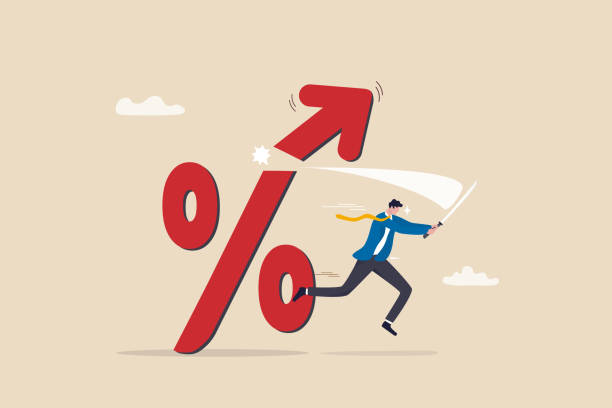 ilustrações de stock, clip art, desenhos animados e ícones de cut or reduce inflation by monetary policy, fed, federal reserve or central bank increase interest rate to control inflation to acceptable level concept, businessman cut percentage sign with sword. - despair finance report business