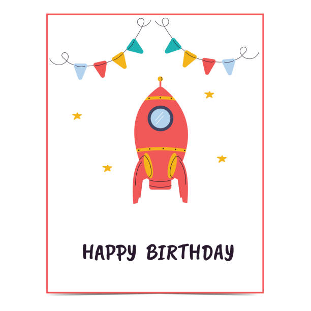 illustrations, cliparts, dessins animés et icônes de joyeux anniversaire carte avec une fusée - dinosaur toy dino monster