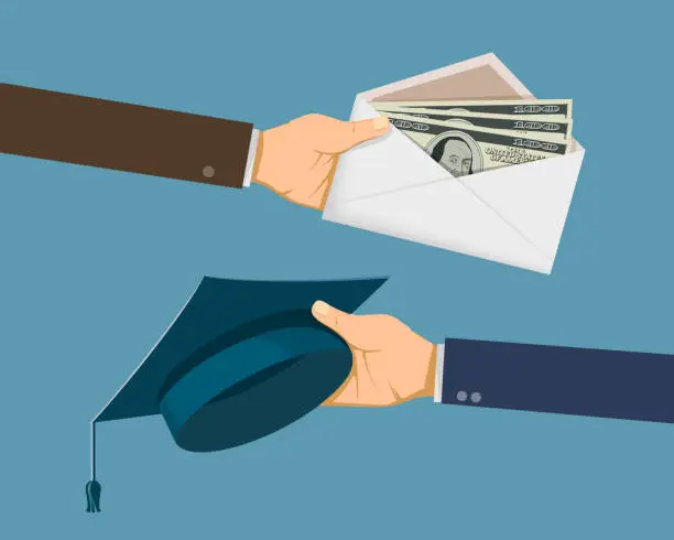 Vector illustration of Envelope with money and a cap of a graduate in the hands of people.