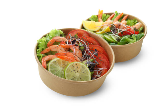 istock Tasty shrimp salads isolated on white background 1436084684