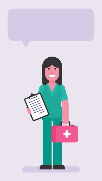 Vector illustration of Nurse woman holding suitcase and tablet