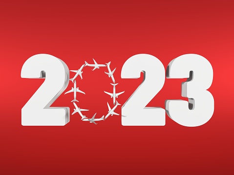 2023 text in white color for Christmas travel concept with airplanes make number zero on red background . New year, Christmas, Travel  and Chinese New Year concept. Easy to crop for all your social media or print sizes.
