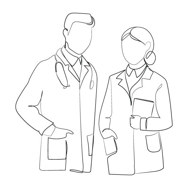 Web Young male and female doctors standing together Single continuous line drawing vector illustration. Medical teamwork concept Minimal art drawing.Man and woman doctors black and white sketch doctor drawings stock illustrations