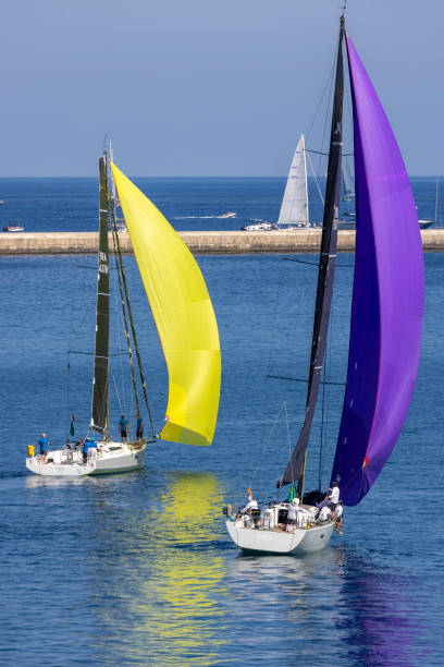 A sleek sailboat with large black sails sails across a blue ocean, crew onboard, distant horizon. Ideal for themes of travel, adventure, freedom, and maritime recreation.