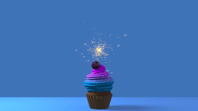 One birthday cupcake with cream and burning sparkler on blue background. 3d 4k festive animation