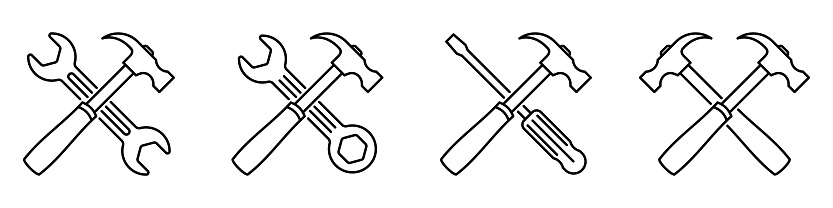 Crossed tool icons. Hammer and wrench. Hammer and screwdriver. Vector illustration. Repair tools icon