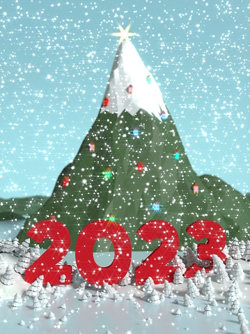New Year or Chinese new year greeting card with Christmas tree and 2023 text in shape of mountain covered with snow. New year, Christmas and Chinese New Year concept. Easy to crop for all your social media or print sizes.