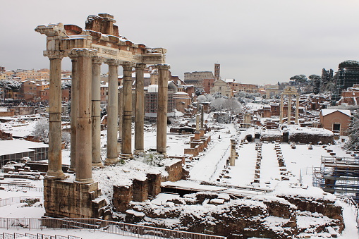 Rome, Italy - February 4, 2012: Roman Forum after the heavy snowfall on February 4, 2012 in Rome. The last snowfall in Rome was in 1985
