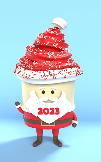 New Year or Chinese new year greeting card with Christmas tree made by sugar sprinkles on Santa hat as an ice cream cone and 2023 text against blue background. New year, Christmas and Chinese New Year concept. Easy to crop for all your social media or print sizes.