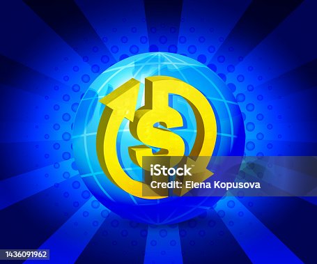 istock Cashback concept in cartoon style. Globe with US dollar sign with return arrows on abstract color background. 1436091962