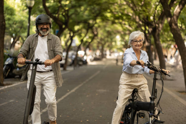 istock Senior couple has stopped after ride to have a conversation 1436092361