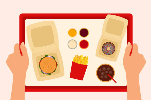 stockillustraties, clipart, cartoons en iconen met high angle view of fast food tray with burger, french fries, cola and doughnut. unhealthy eating - bistrosetje van boven