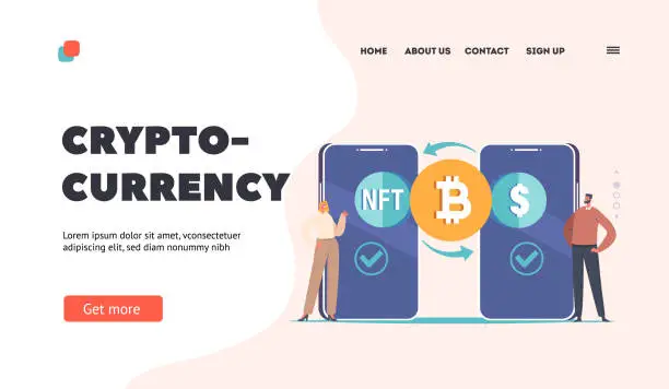 Vector illustration of Cryptocurrency Landing Page Template. Users Exchanging Assets via Smart Contract Execution On Blockchain Illustration