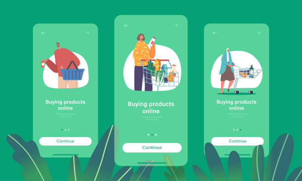 オンラインモバイルアプリページのオンボード画面テンプレートで製品を購入する。スーパーマーケットを訪れる人々 漫画ベクターイラスト - trolley bus点のイラスト素材／クリップアート素材／マンガ素材／アイコン素材