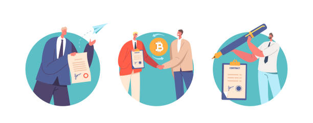 Smart Contract, Blockchain, Users Exchanging Cryptocurrency, Finance And Technology Isolated Round Icons With Characters vector art illustration
