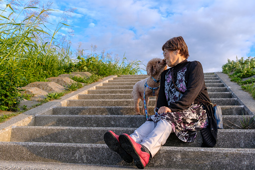 A senior woman sitting down stairs with a dog outside.