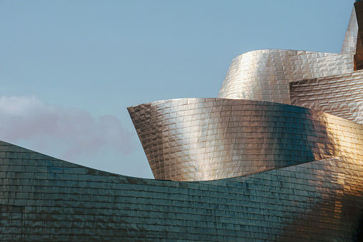 Bilbao, Spain - 10 September 2021: detail of Guggenheim Museum building, designed by Frank Gehry, in Bilbao, Spain.