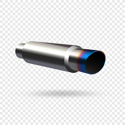 Vector illustration, car exhaust pipe muffler, steering wheel realistic 3d icon