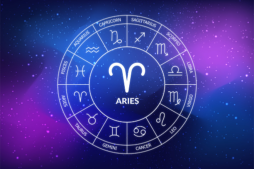 Aries zodiac sign. Abstract night sky background. Aries icon on blue space background. Zodiac circle on a dark blue background of the space. Astrology. Cosmogram. twelve signs of the zodiac