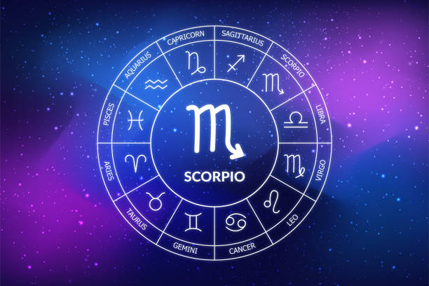istock Scorpio zodiac sign. Abstract night sky background. Scorpio icon on blue space background 1436097015