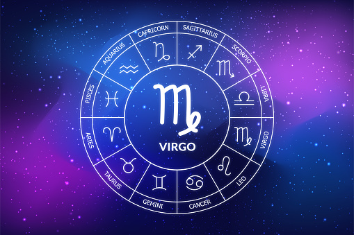 Virgo zodiac sign. Abstract night sky background. Virgo icon on blue space background. Zodiac circle on a dark blue background of the space. astrological forecast