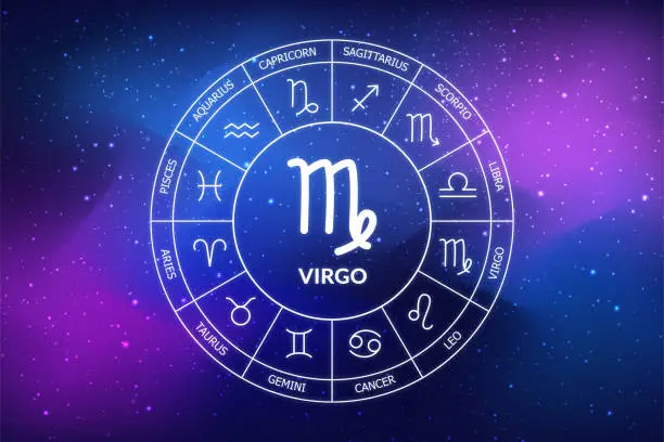 Photo of Virgo zodiac sign. Abstract night sky background. Virgo icon on blue space background