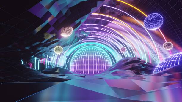 istock 3d abstract, geometric landscape background with polygonal structure, metaverse cyber space virtual reality, Podium show products, place for product, colored neon lights, retro sci-fi style 1436098245