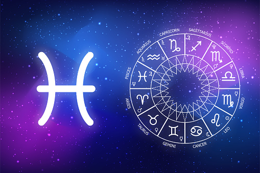 astrological forecast for a zodiac sign Pisces. icon Pisces on blue space background. Zodiac circle on a dark blue background of the space. Astrology