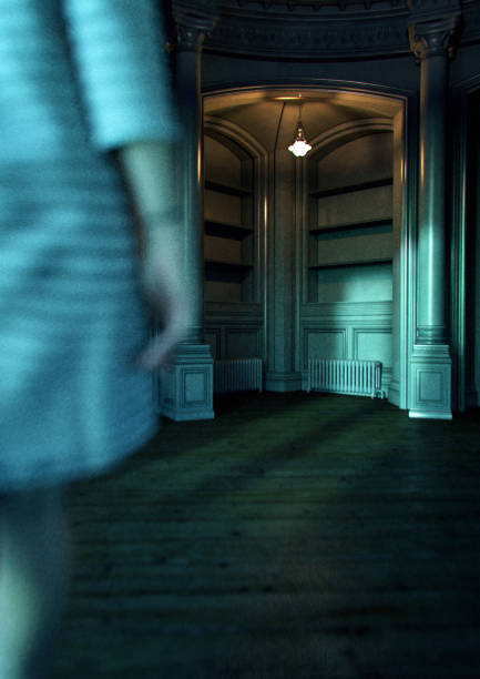 istock Woman in illuminated classic room at night. 3D render. 1436098883