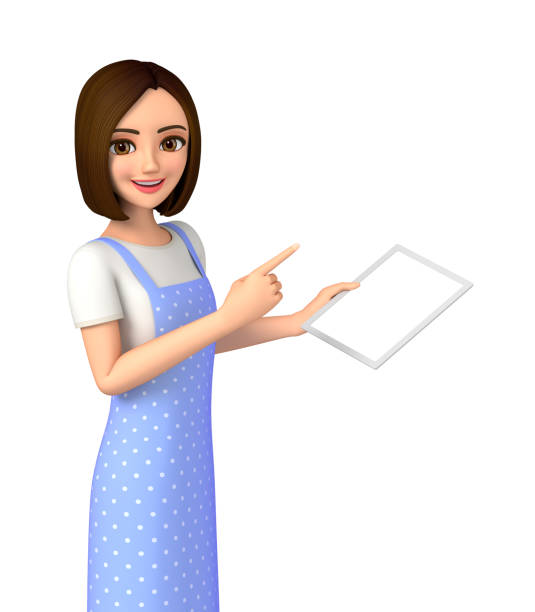 Woman in apron operating tablet.